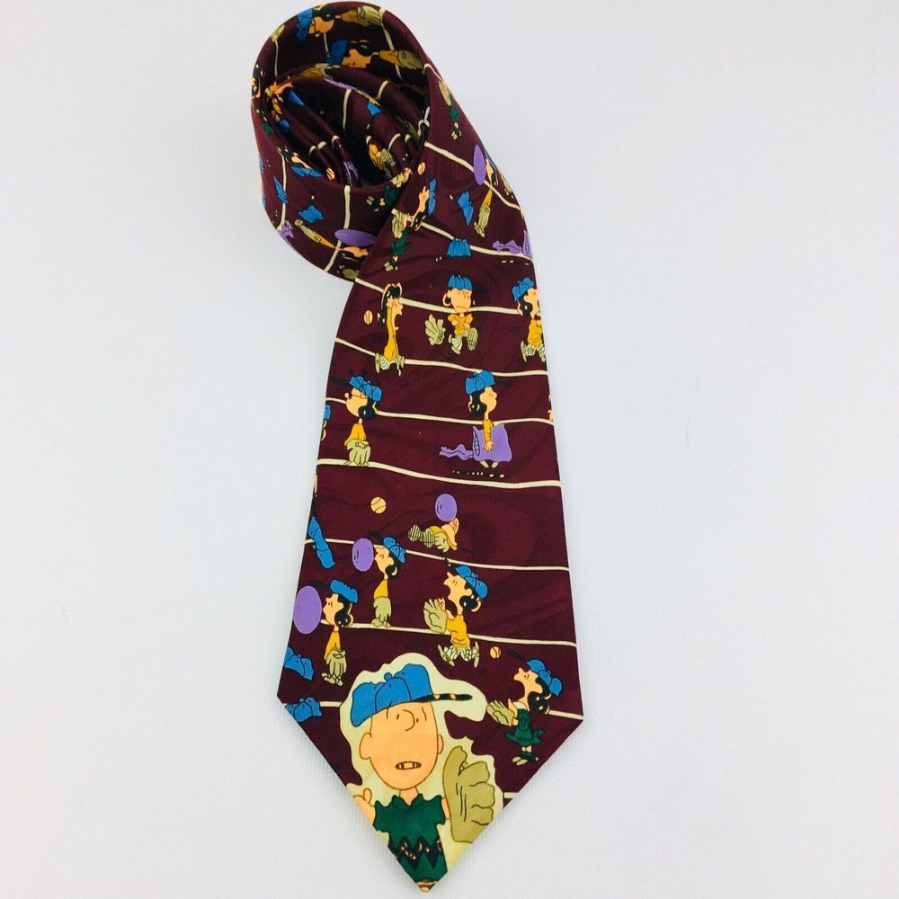 Street Scene Peanuts Necktie Charlie Brown Lucy Linus Baseball Maroon 58" Long
